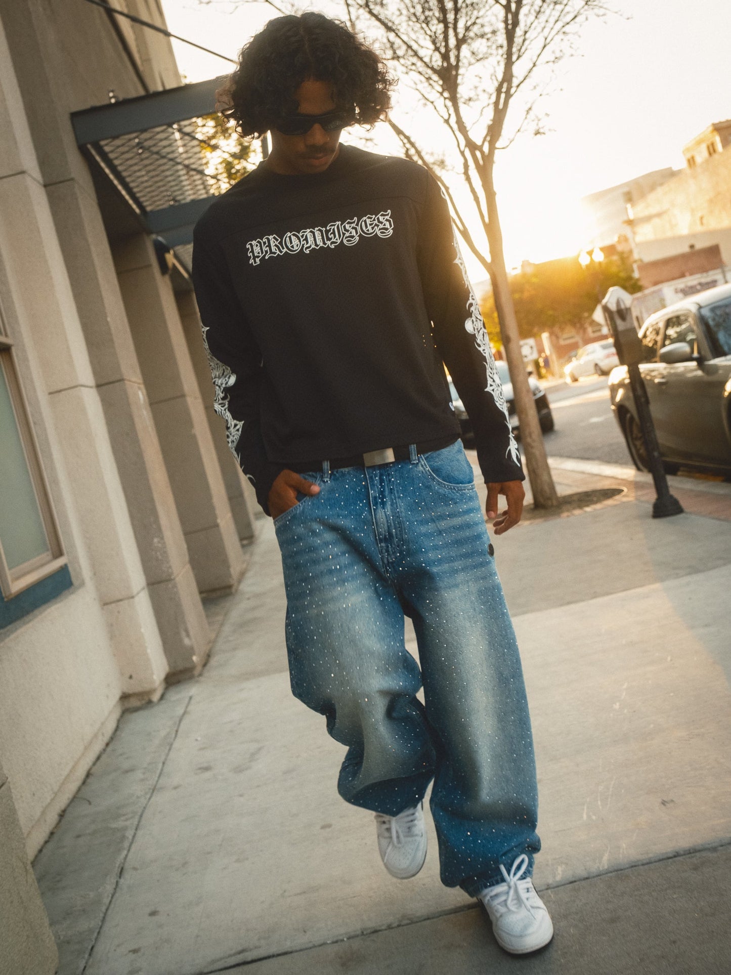 Enamored Rhinestone Denim Pant Dark Blue Wash