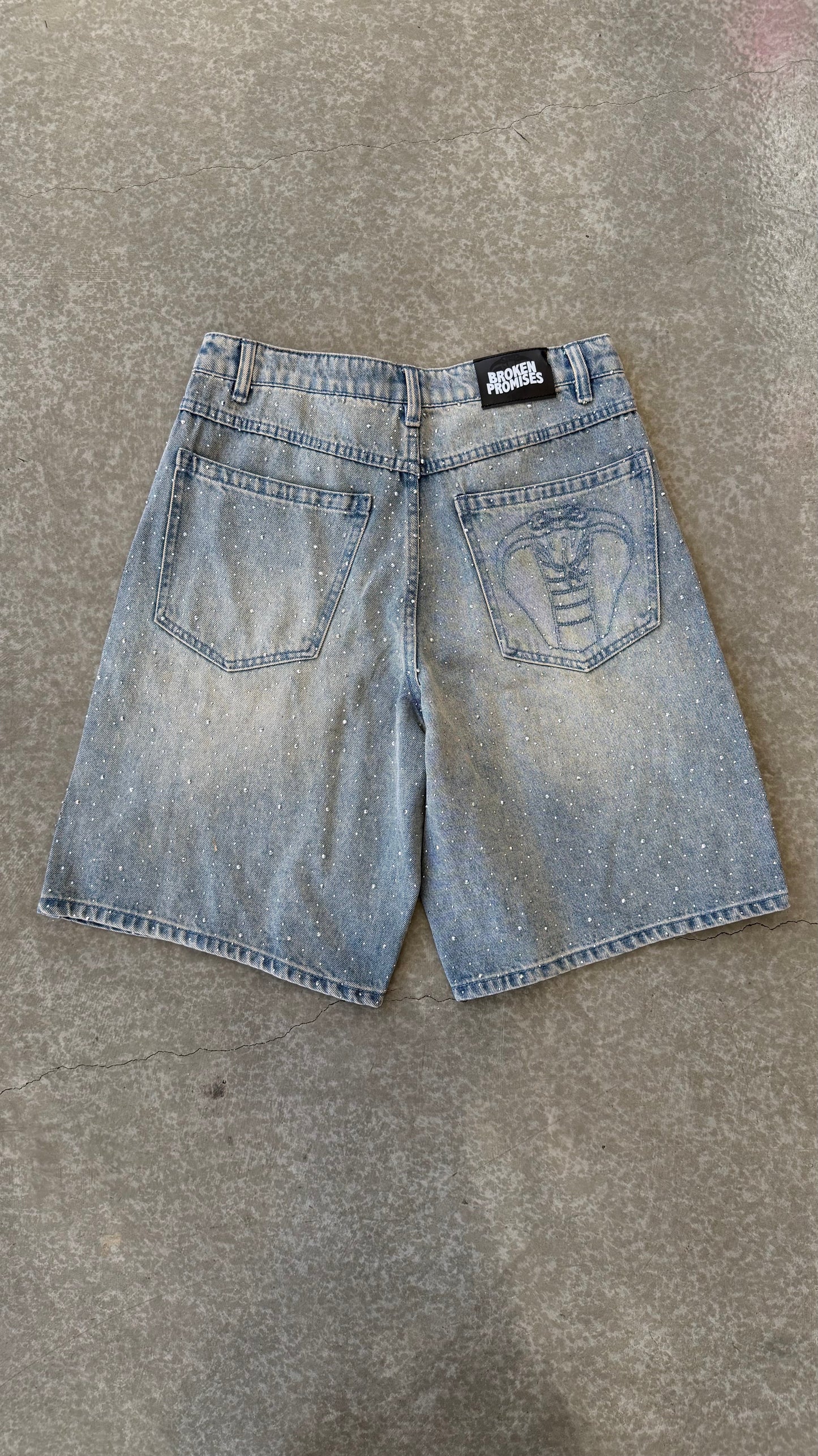 Enamored Rhinestone Denim Short Light Blue Wash