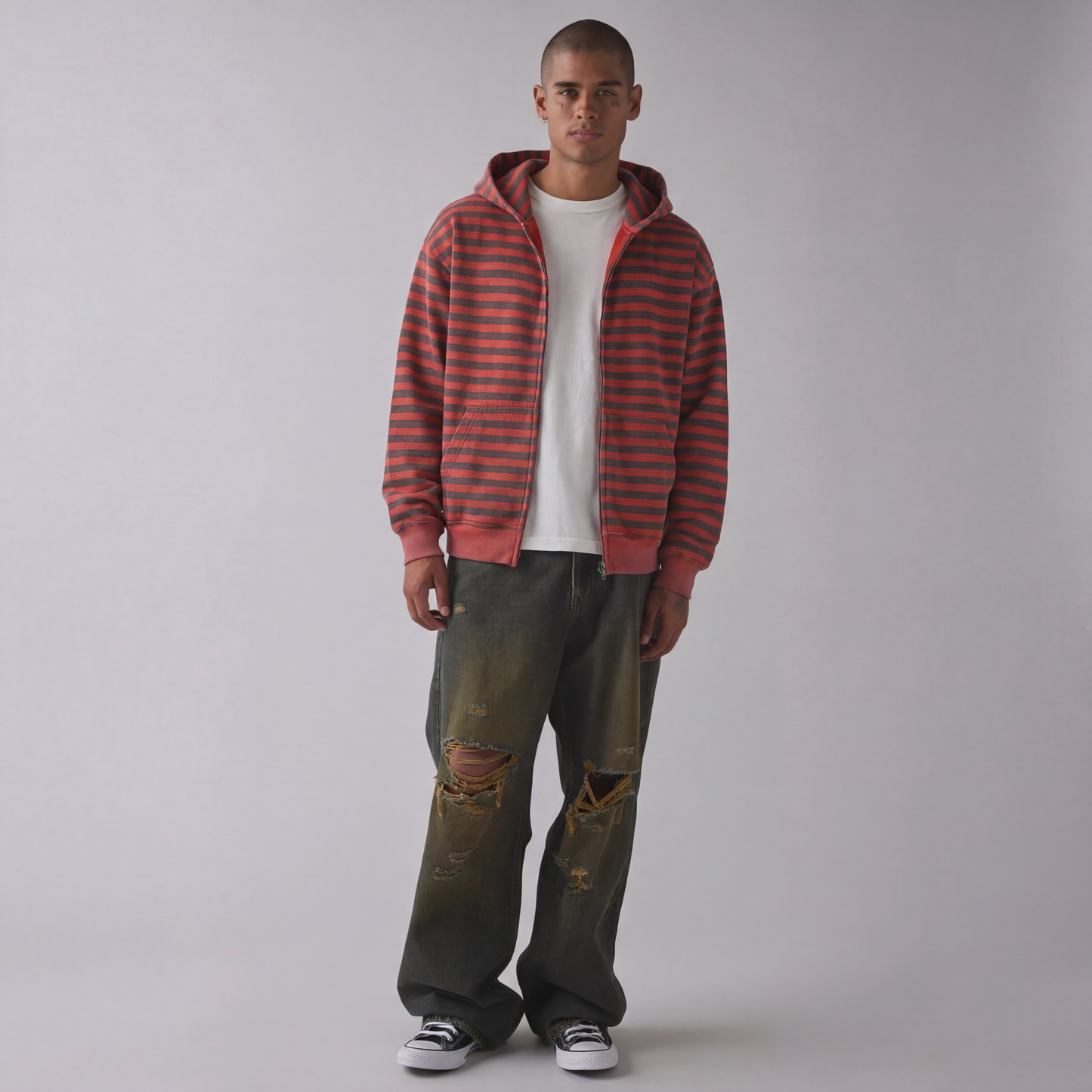 Vintage Red and Black Stripe Zip-Up Hoodie