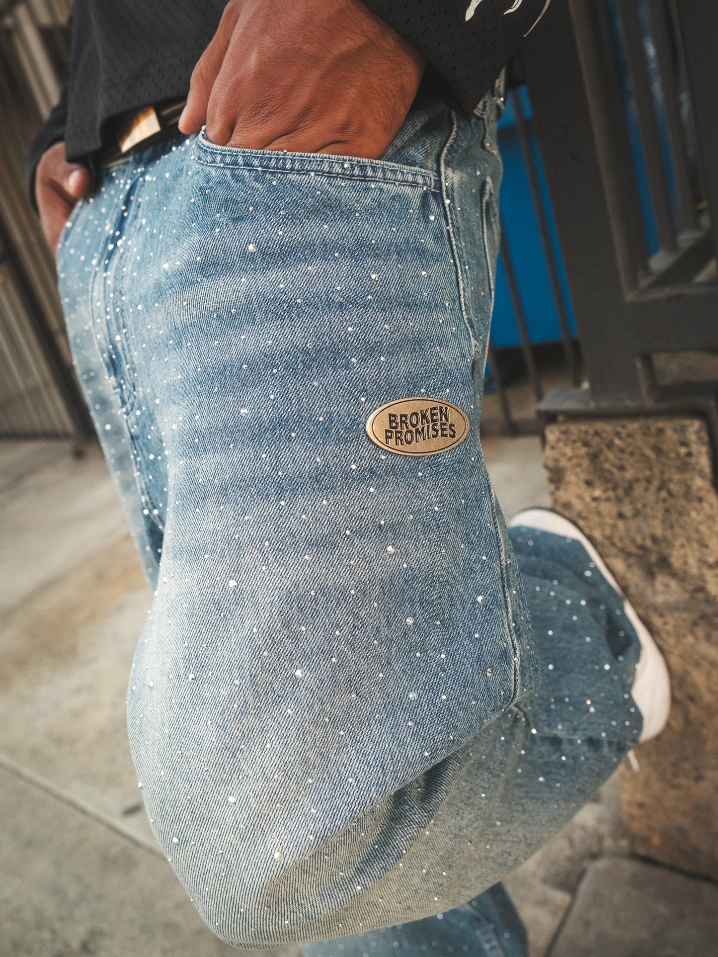 Enamored Rhinestone Denim Pant Dark Blue Wash