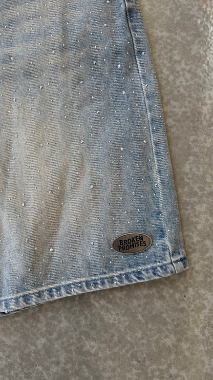 Enamored Rhinestone Denim Short Light Blue Wash