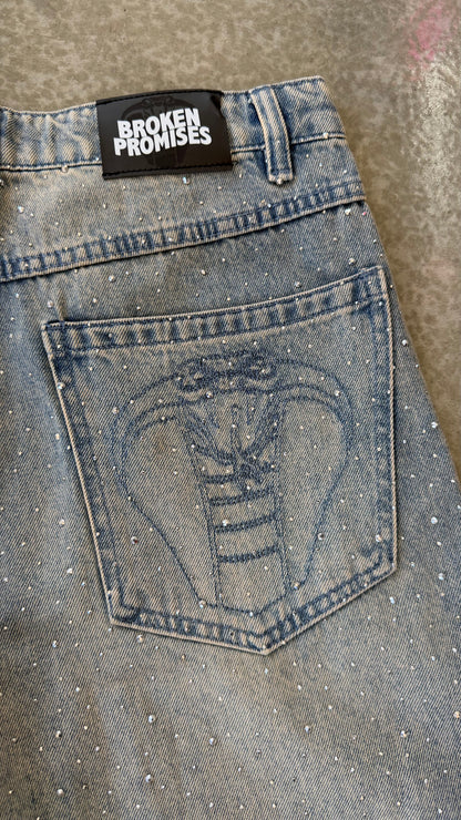Enamored Rhinestone Denim Short Light Blue Wash