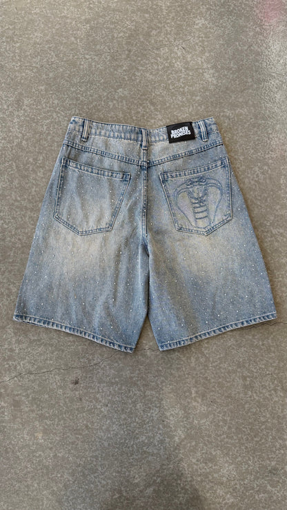 Enamored Rhinestone Denim Short Light Blue Wash