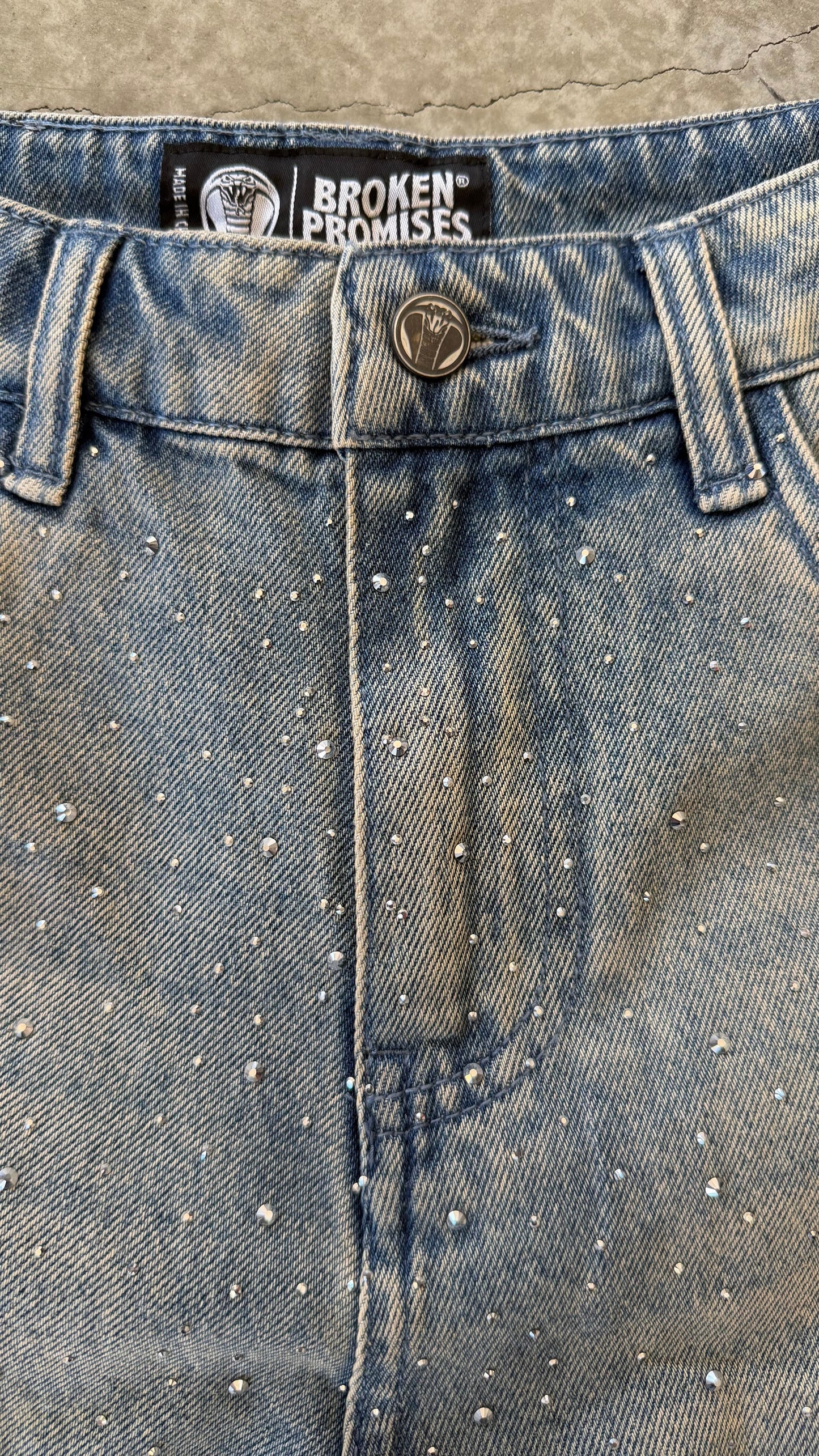 Enamored Rhinestone Denim Short Light Blue Wash
