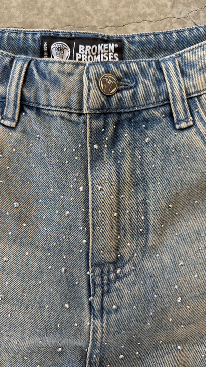 Enamored Rhinestone Denim Short Light Blue Wash