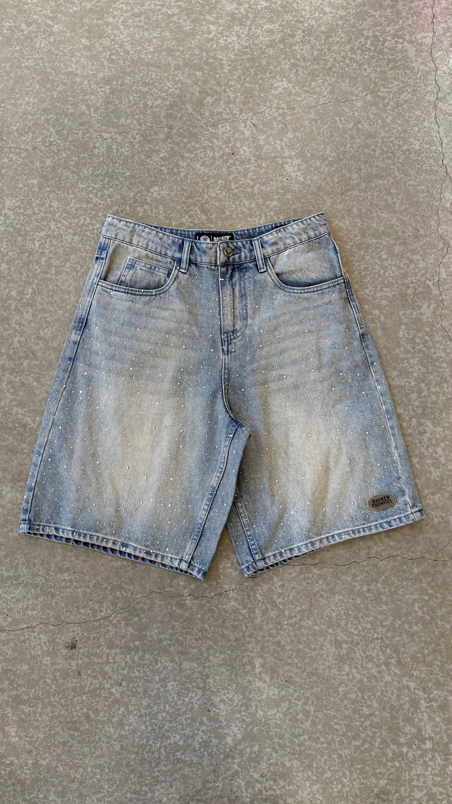 Enamored Rhinestone Denim Short Light Blue Wash