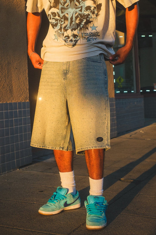 Enamored Rhinestone Denim Short Light Blue Wash
