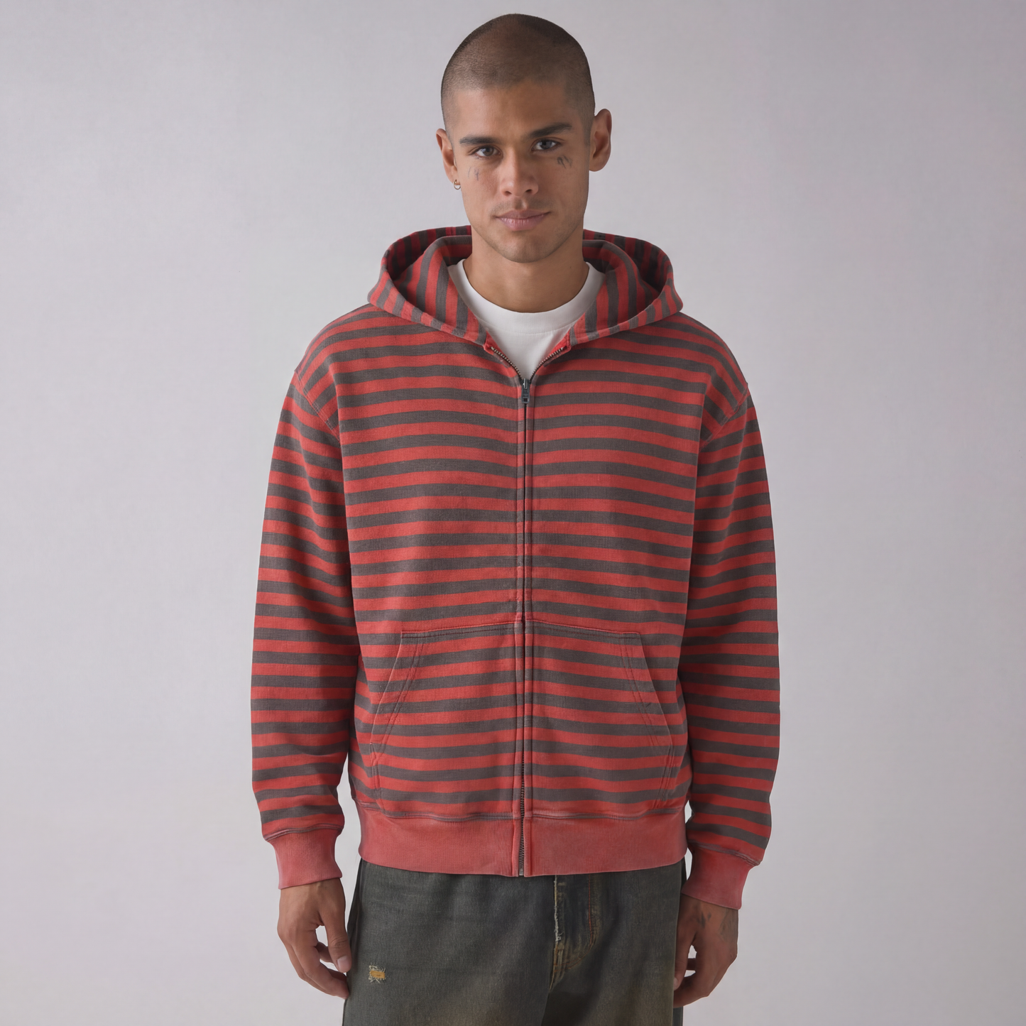 Vintage Red and Black Stripe Zip-Up Hoodie