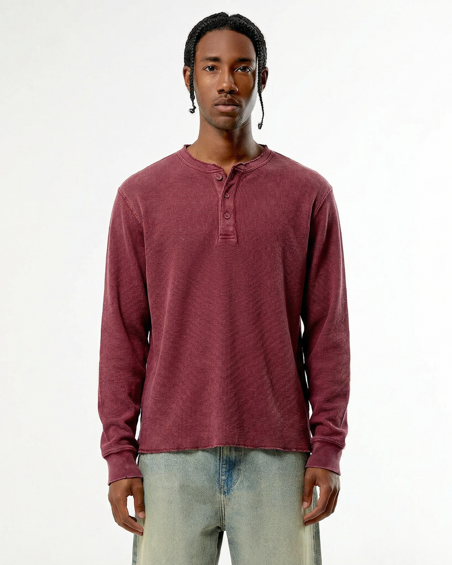 Garment Dyed Distressed Henley Long-Sleeve Tee