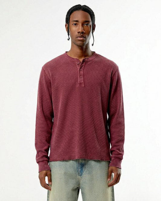 Garment Dyed Distressed Henley Long-Sleeve Tee