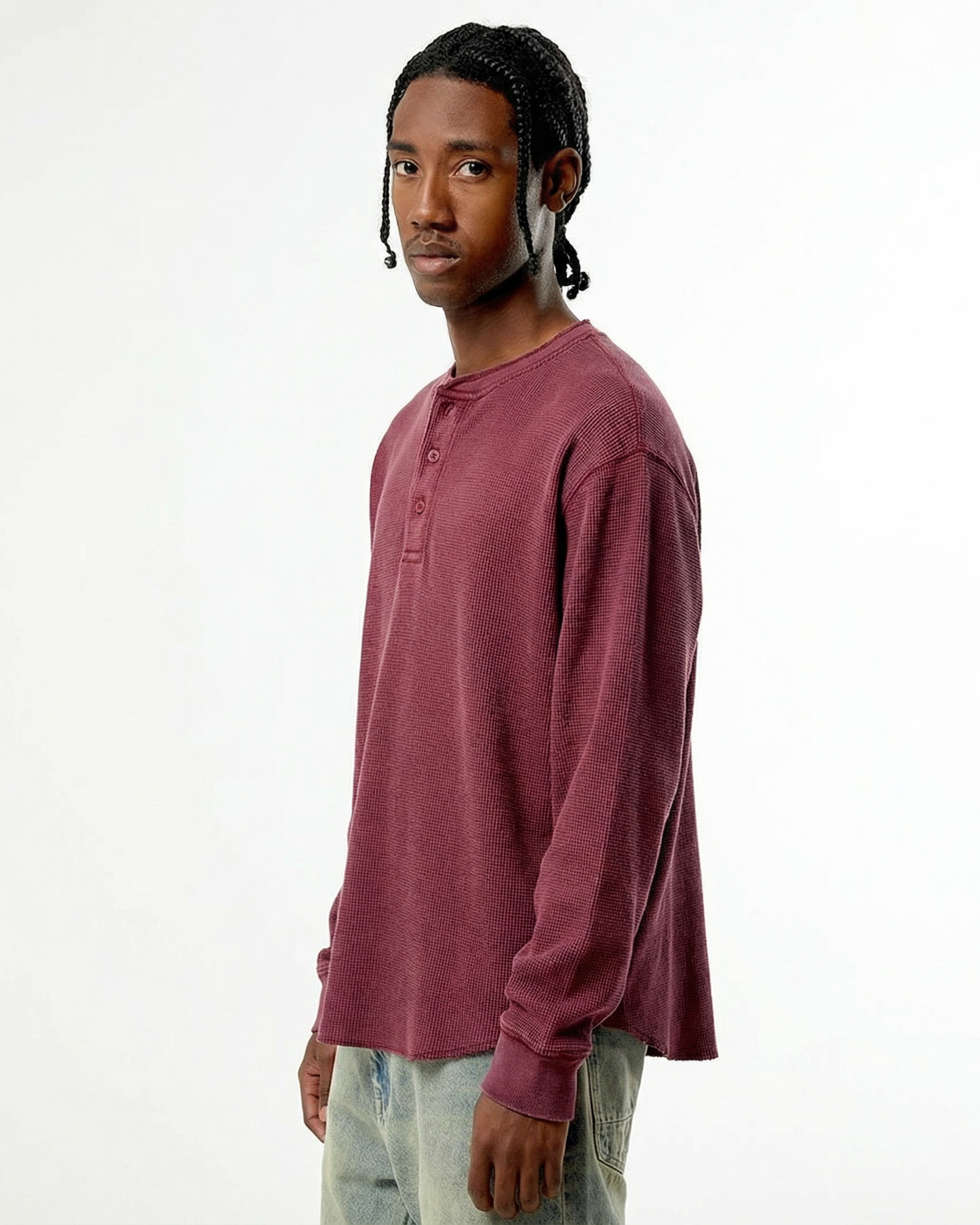 Garment Dyed Distressed Henley Long-Sleeve Tee