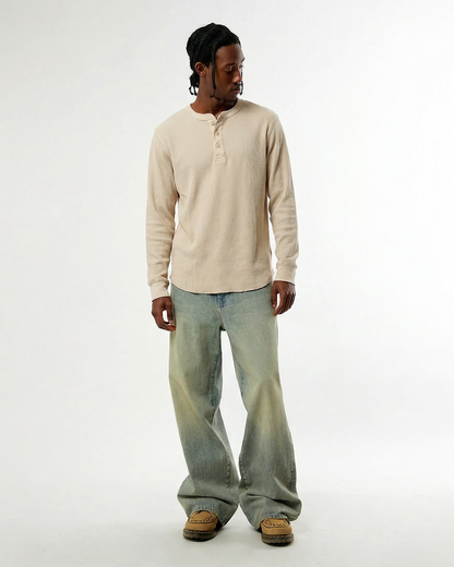 Garment Dyed Distressed Henley Long-Sleeve Tee