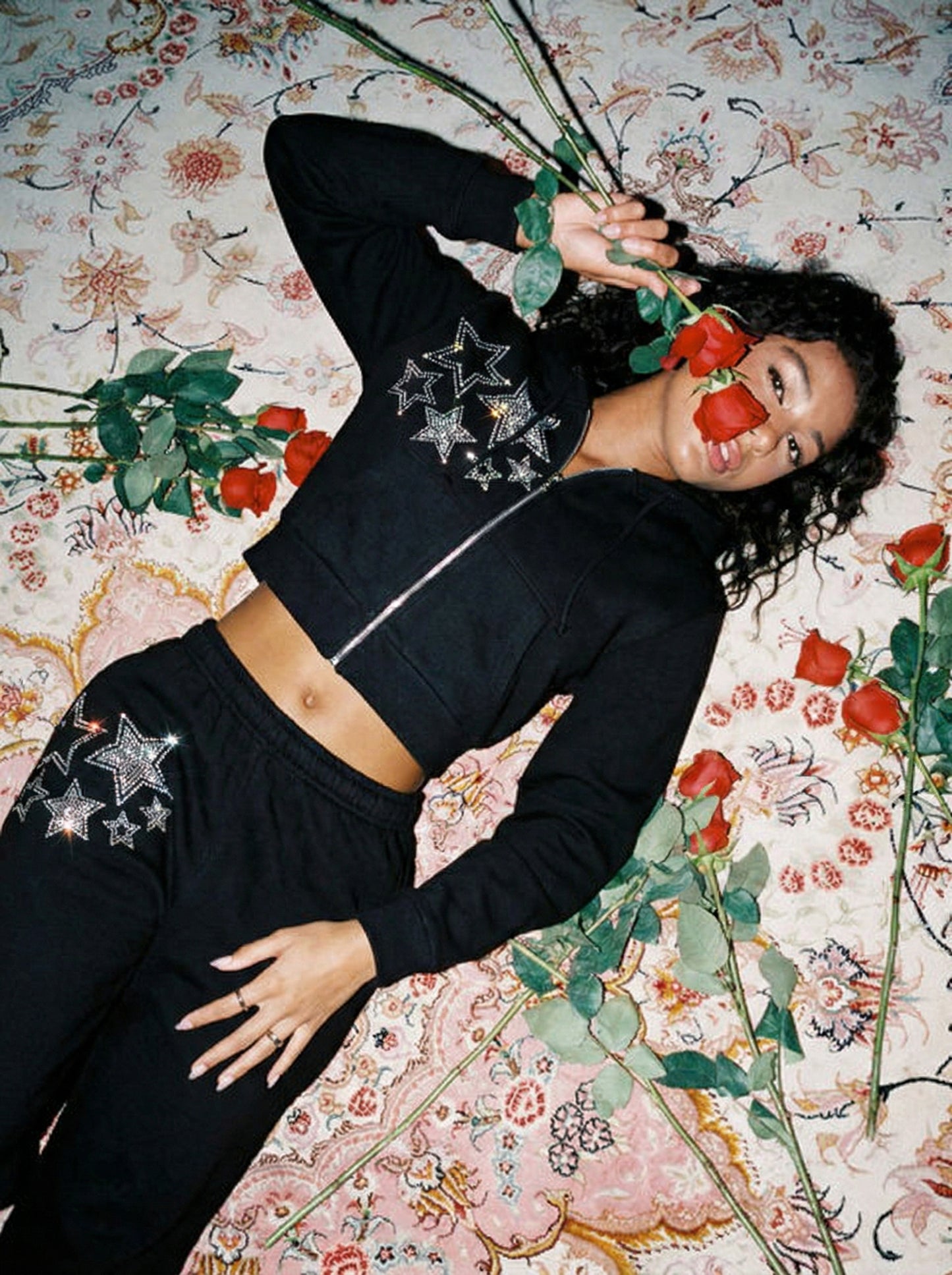 Stars Rhinestone Cropped Zip Up